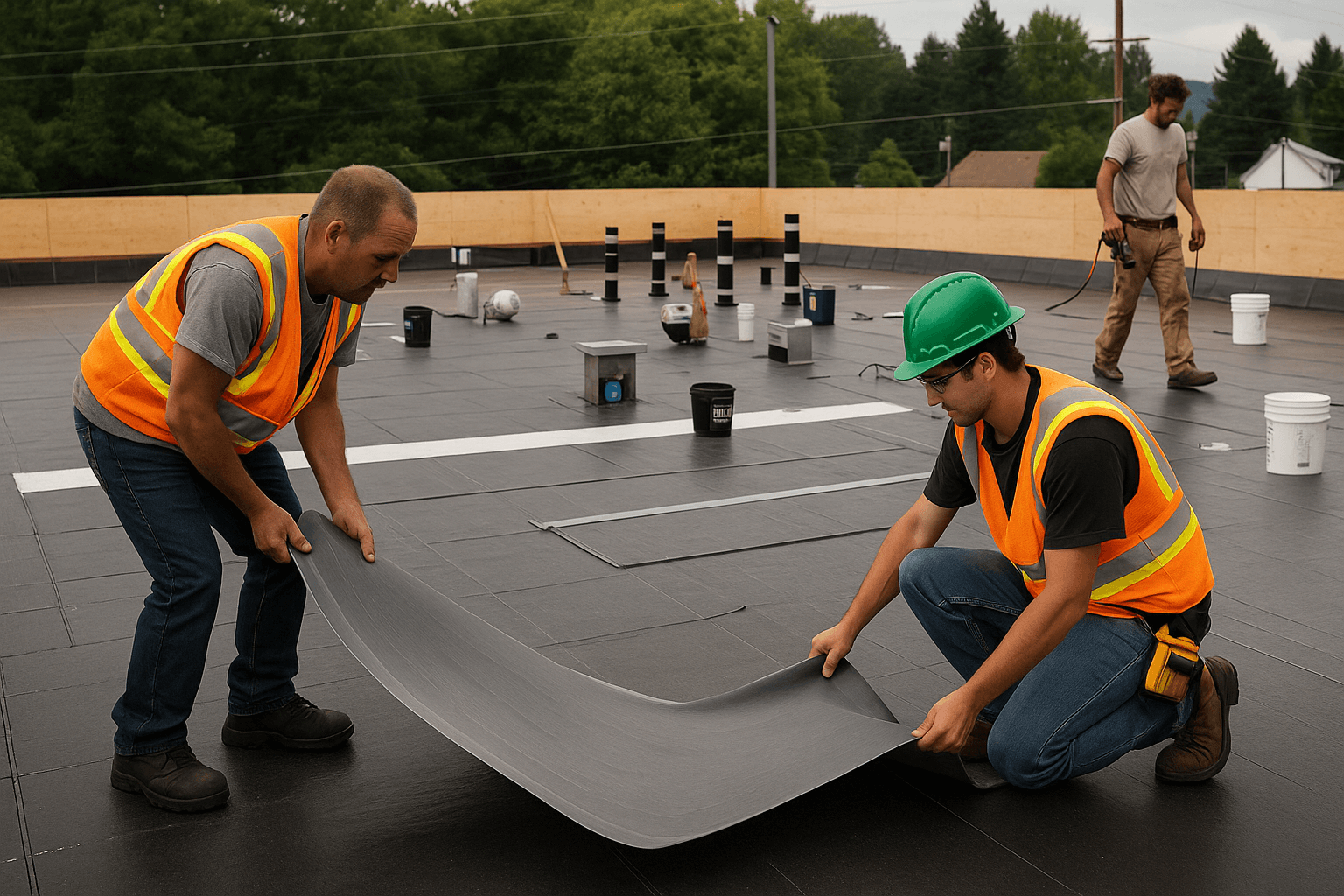 Roofing contractors install a commercial flat roof to protect the interior from rain and wind.