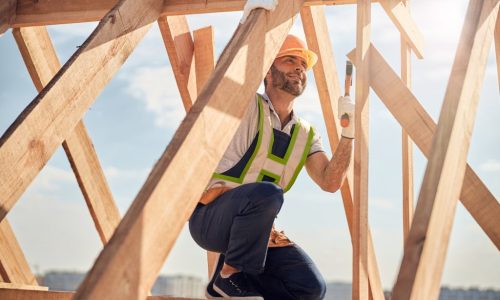 joyous-construction-site-worker-with-hammer-building-a-roof-carcass